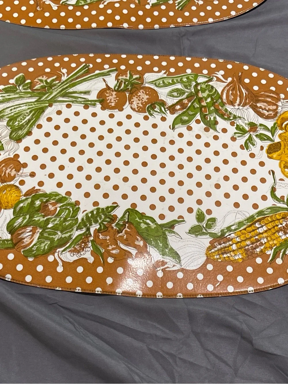 1970s Style Oval Plastic Placemats Brown Polka Dot Vegetable Corn Pattern